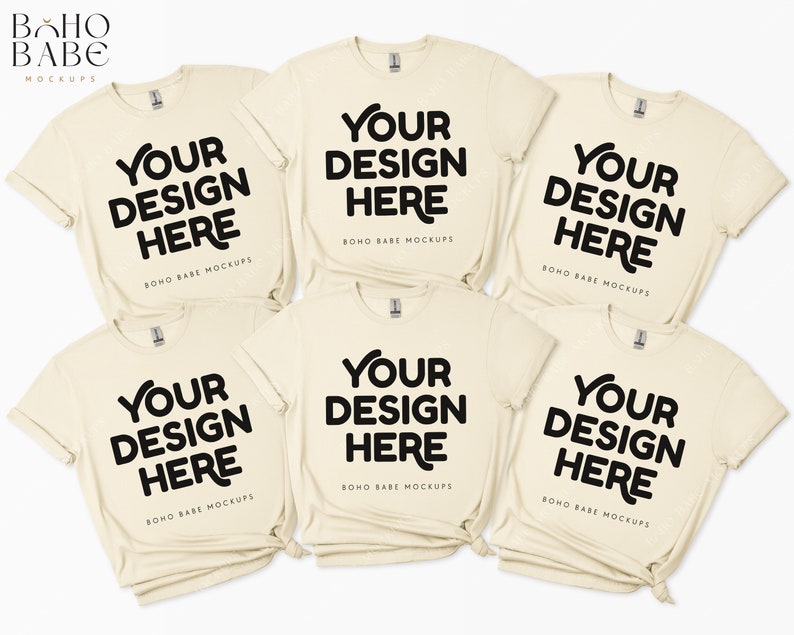 Puede incluir: Seis camisetas beige con el texto "YOUR DESIGN HERE" y "BOHO BABE MOCKUPS" impreso en cada camiseta.