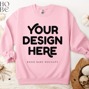 LIGHT PINK Gildan 18000 Halloween Mockup | Gildan Sweatshirt Flay Lay, G18000 Crewneck Fall Flatlay POD Pullover Sweater Boho Folded Mock-up