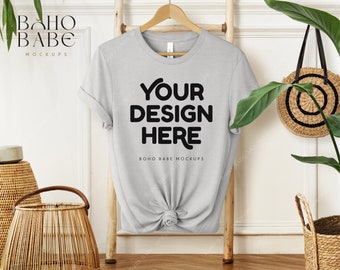 HEATHER SILVER Bella Canvas 3001 Mockup, 3001 cvc Heather Silver Grey Mock-up, Boho Hanging Tshirt Mockup, Bella and Canvas Flatlay