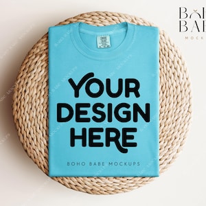 LAGOON BLUE Comfort Colors 1717 Mockup | CC1717 Folded T-shirt on Round Placemat, Unisex Shirt Mock Clean Boho Styled Flat Lay POD Tee Blank