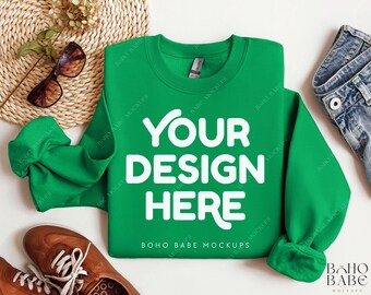 Gildan 18000 Mockup Folded - Irish Green | Boho Flat Lay Mockup, Gildan Folded Sweatshirt Mockup, Gildan 18000 Crewneck St Patricks Day Mock