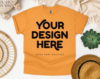 Gildan 5000 TENNESSEE ORANGE Mockup, Gildan 5000 Flat Lay Tshirt Mock-ups, Boho Flat Lay Shirt Mock, Gildan Heavy Cotton Unisex T-Shirt Flatlay