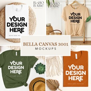 May include: A collection of four Bella Canvas 3001 t-shirts in white, tan, olive green, and burnt orange. Each shirt features the black or white printed text YOUR DESIGN HERE and BOHO BABE MOCKUPS. The shirts are displayed in various folded or hanging styles.