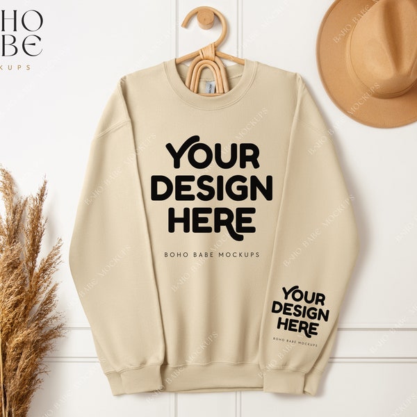 SAND Gildan 18000 Sleeve Sweatshirt Mockup | Left Cuff Print, Right Sleeve Mockup, Hanging Sweater Photo, POD Boho Crewneck Flat Lay