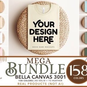 Bella Canvas 3001 Mockup Bundle | 158 Farben Boho gefaltetes Tshirt flach, T-Shirt auf rundem Tischset, POD Real Produktfoto Mock SVG Design