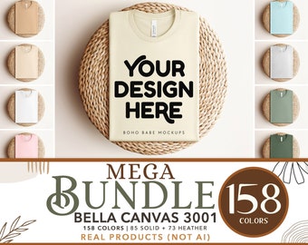 Bella Canvas 3001 Mockup Bundle | 158 Colors Boho Folded Tshirt Flat Lay, Tee on Round Placemat, POD Real Product Photo Mock Svg Design