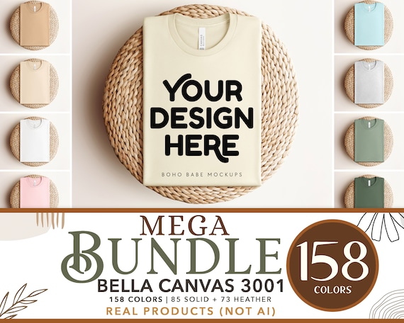 Bella Canvas 3001 Mockup Bundle | 158 Colors Boho Folded Tshirt Flat Lay, Tee on Round Placemat, POD Real Product Photo Mock Svg Design