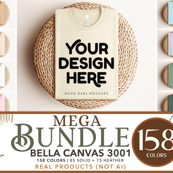 Bella Canvas 3001 Mockup Bundle | 158 Colors | Bella Canvas Folded Tshirt Mockup Bundle, Boho Flat Lay Tshirt Mockups, POD Flatlay Mocks