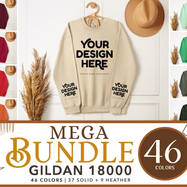 Gildan 18000 Sleeve Mockup Bundle | Left Sleeve Hanging Sweatshirt Mockup, Right Cuff Print, Boho Sweater Wrist Mock, POD Crewneck Photo