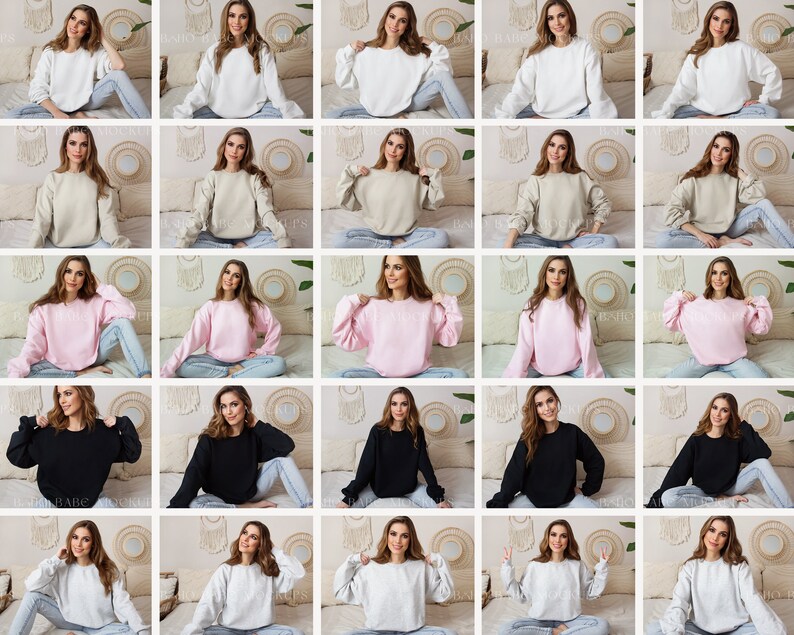 Pode incluir: Uma cole&ccedil;&atilde;o de 10 sweatshirts de diferentes cores, cada uma mostrada em uma modelo sentada em uma cama. As sweatshirts s&atilde;o todas de gola redonda e manga comprida. As cores incluem branco, bege, rosa, preto e cinza.