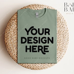 Gildan 64000 Mockup SAGE Green | Gildan Softstyle T-shirt Mock up, Boho Folded Shirt Flat Lay, Real Photography Mockups POD Template Photo