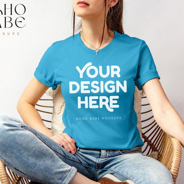 AQUA Bella Canvas 3001 Model Mockup, Boho Woman Model Mock-up, Bella and Canvas T-shirt Female Model Mocks, POD Tee Photo