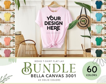 Bella Canvas 3001 Mockup Bundle | 60 Farben Bella und Canvas T-Shirt Mockups, Boho Hängende Tshirt Mocks, Digital Tee Flat Lay POD