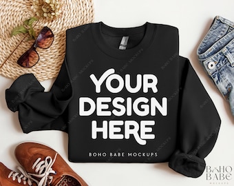 Gildan 18000 Mockup Folded - Black | Boho Flat Lay Mockup, Gildan Black Folded Sweatshirt Mockup, Pullover Mock up Gildan Crewneck 18000 POD