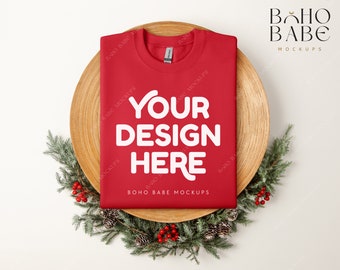 RODE Gildan 18000 kerstmodel | Gildan Sweater Xmas Flat Lay Mockup, Gevouwen Sweatshirt Mock, G18000 Pullover Crewneck Mock up