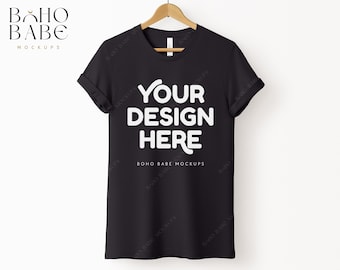 BLACK Bella Canvas 3001 Mockup | Boho Hanging TShirt Real Mockup, Unisex Tee on Hanger Photo POD Simple Clean White Background Svg