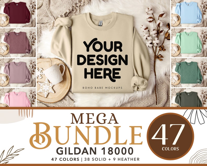 May include: A mockup image of a beige Gildan 18000 sweatshirt with the text "YOUR DESIGN HERE". The image includes a variety of other colored sweatshirts, a wooden tray, a mug, and a snowflake ornament. The text "MEGA BUNDLE 47 COLORS" is also visible.