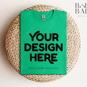 Gildan 64000 Mockup HEATHER IRISH GREEN | Gildan Softstyle T-shirt Mock up, Boho Folded Shirt Flat Lay, Real Photography Mockup PoD Template