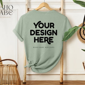 HEATHER SAGE Bella Canvas 3001 Back Mockup, 3001 cvc Heather Sage Mock-up, Boho Hanging Tshirt Mocks, Bella and Canvas Back of Shirt mockup