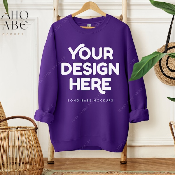 Gildan 18000 Purple Sweatshirt Mockup | Hanging Gildan Sweater Mock-up, Boho Sweatshirt Mockups, Crewneck Pullover Mock ups, Purple Jumper