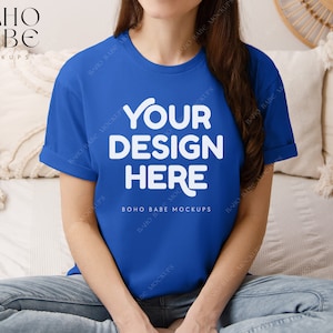 ROYAL Blue Gildan 64000 Model Mockup, Boho Lifestyle Woman Mock-up, Softstyle Tshirt Female Model Mock, POD Real Product, Photo Template