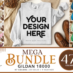 Gildan 18000 Mockup Bundle | Gildan Crewneck Mockup Bundle, Folded Sweatshirt Mockup Bundle, Fall Sweater Mockups, POD Boho Flat Lay Winter