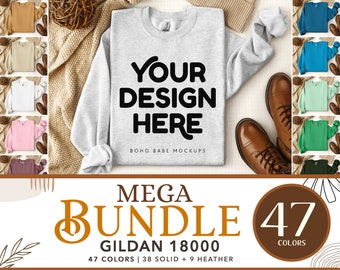 Gildan 18000 Mockup Bundle | G180 Folded Sweatshirt Mockups, POD Crewneck Sweater Boho Flatlay
