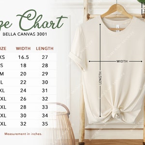 Tabla de tallas Bella Canvas 3001 / 3 Camiseta unisex Tablas de tallas Pulgadas y centímetros, Camiseta colgante Tabla de tallas Tallas métricas Medidas POD