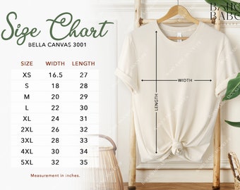 Size Chart Bella Canvas 3001 | 3 Unisex T-shirt Size Charts Inches and Centimeters, Hanging Shirt Size Chart Metric Sizing Measurements POD