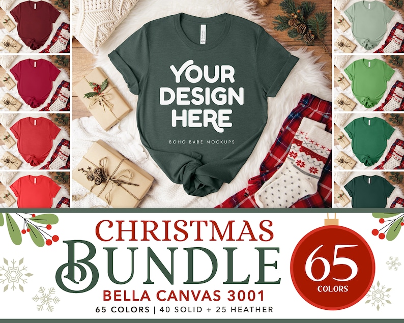 May include: A mock-up image featuring a dark green t-shirt with the text "YOUR DESIGN HERE". The image includes a Christmas theme with gift boxes, a red and white patterned sock, and a variety of t-shirt color options. Text at the bottom reads "CHRISTMAS BUNDLE".