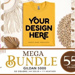 Gildan 5000 Mockup Bundle | 55 Colors, Gildan 50000 Folded Tshirt Mockup Bundle, Boho Flat Lay G5000 Tshirt Mock ups, POD Flatlay Mocks