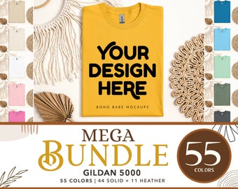 Gildan 5000 Mockup Bundle | 55 Colors, Gildan 50000 Folded Tshirt Mockup Bundle, Boho Flat Lay G5000 Tshirt Mock ups, POD Flatlay Mocks