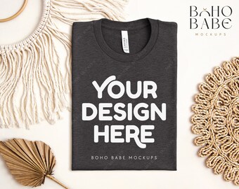 DARK GREY HEATHER Bella Canvas 3001 cvc Folded Mockup, Boho Flat Lay Tshirt Mock-up, Bella Canvas Folded Flatlay Mockup, Pod tshirt mock