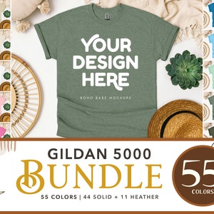 Gildan 5000 Mockup Bundle | 56 Colors, Gildan 5000 Flat Lay Tshirt Mockup Bundle, Boho Flat Lay G5000 Tshirt Mock ups, POD Flatlay Mocks