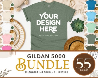 Gildan 5000 Mockup Bundle | 56 Colors, Gildan 5000 Flat Lay Tshirt Mockup Bundle, Boho Flat Lay G5000 Tshirt Mock ups, POD Flatlay Mocks