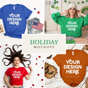 May include: A collection of four apparel mockups featuring a blue t-shirt with an American flag, a green sweatshirt, a red t-shirt with heart-shaped hair, and an orange t-shirt, all displaying the white text YOUR DESIGN HERE.