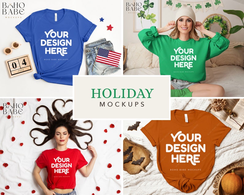 May include: A collection of four apparel mockups featuring a blue t-shirt with an American flag, a green sweatshirt, a red t-shirt with heart-shaped hair, and an orange t-shirt, all displaying the white text YOUR DESIGN HERE.