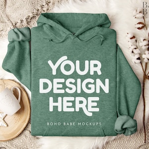 Heather SPORT DARK GREEN Gildan 18500 Mockup | Gildan Hoodie Flat Lay, G18500 Folded Hoodie, Boho Christmas Mock, PoD Template Real Photo