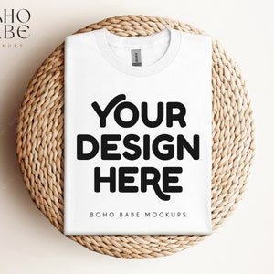 WHITE Gildan 5000 Mockup, Gildan 5000 Folded Tshirt Mock ups, Boho Flat Lay shirt Mockup, Gildan Heavy Cotton Folded Shirt Flatlay