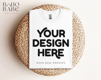 WHITE Gildan 5000 Mockup, Gildan 5000 Folded Tshirt Mock ups, Boho Flat Lay shirt Mockup, Gildan Heavy Cotton Folded Shirt Flatlay