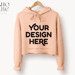 7502 PEACH Cropped Hoodie Mockup, Bella Canvas 7502 Mockup, Women&#39;s Cropped Fleece Hoodie, POD Boho Minimalistic Simple Mocks
