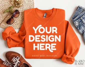 Gildan 18000 Mockup Folded - Orange | Boho Gildan Flat Lay Mockup, Gildan Folded Sweatshirt Mockup, Pullover Mock up, Gildan Crewneck