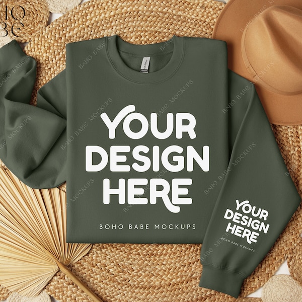 MILITARY GREEN Gildan 18000 Sleeve Sweatshirt Mockup | Cuff Print Mockup, Pocket Design Mock Folded Crewneck Sweater Photo POD Boho Flat Lay