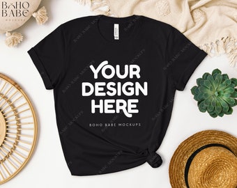 3001 BLACK Mockup, Bella Canvas 3001 Mockup, Boho Flat Lay Tshirt Mock-up, Bella und Canvas Shirt Knot Flatlay, POD Tee Sublimation