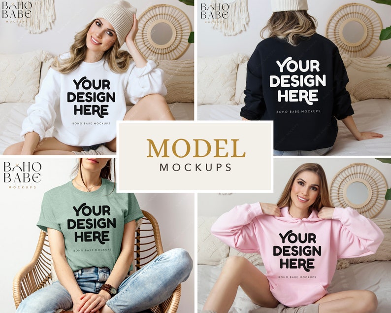May include: A collection of four apparel mockups featuring a white sweatshirt, a black sweatshirt, a sage green t-shirt, and a light pink hoodie. Each garment displays the bold black text "YOUR DESIGN HERE" centered on the front or back.