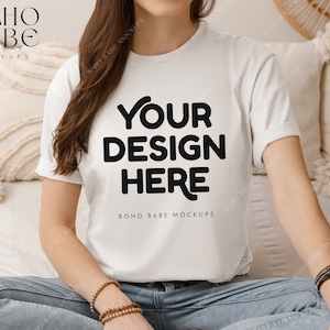 WHITE Gildan 64000 Model Mockup, Boho Lifestyle Woman Mock-up, Softstyle Tshirt Female Model Mock, POD Real Product, Tee Photo Template