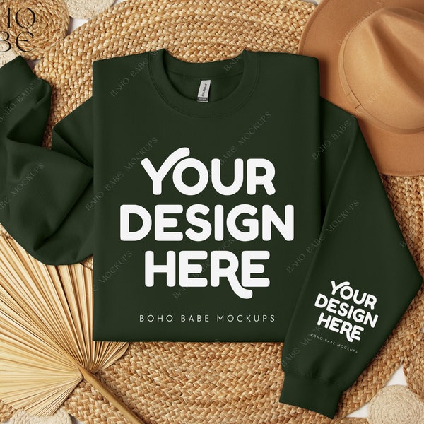 FOREST GREEN Gildan 18000 Sleeve Sweatshirt Mockup | Cuff Print Mockup, Pocket Design Mock Folded Crewneck Sweater Photo POD Boho Flat Lay