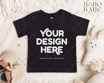 3001B NERO Bella Canvas 3001B Mockup, maglietta a maniche corte per neonati, maglietta per bambini flatlay, foto di camicia per bambina, POD Boho Flat Lay