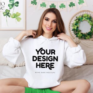 St Patricks Day Mockup | Gildan 18500 White Hoodie Mockup, Model Mocks, Oversized Hoodie Mock up, White Hooded Jumper, Plus Size Mock-up