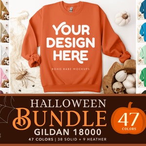Halloween Mockups | Gildan 18000 Mockup Bundle, 47 Fall T-shirt Mockups, Halloween Sweatshirt Flat Lay Mock Ups, POD Crewneck Sweater SVG
